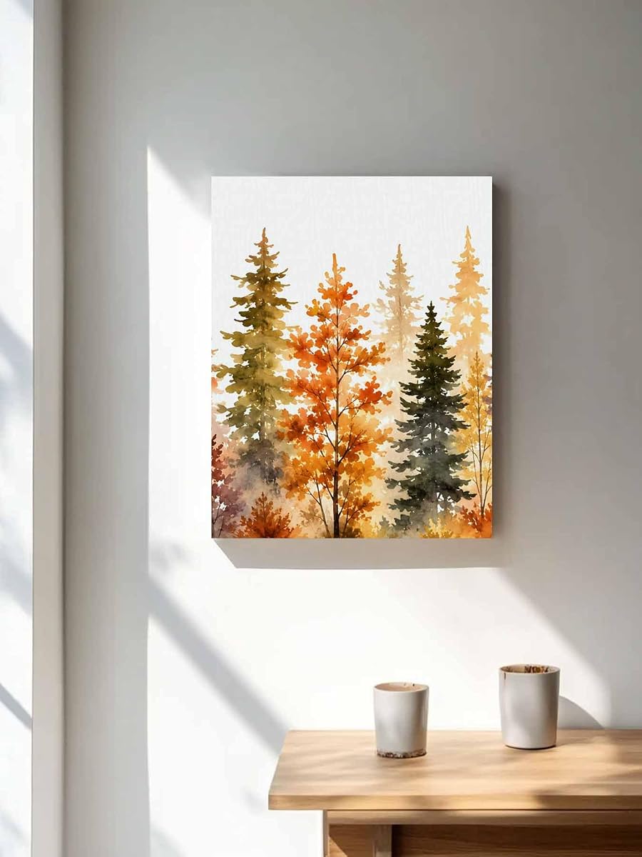 NuYeBiofx Nature Watercolor Autumn Forest Canvas Wall Art Prints,30"x20" Framed Picture Artwork Rustic Fall Pine Trees Scene Printed Canvas Oil Painting for Living Room Bedroom Office,Ready to Hang