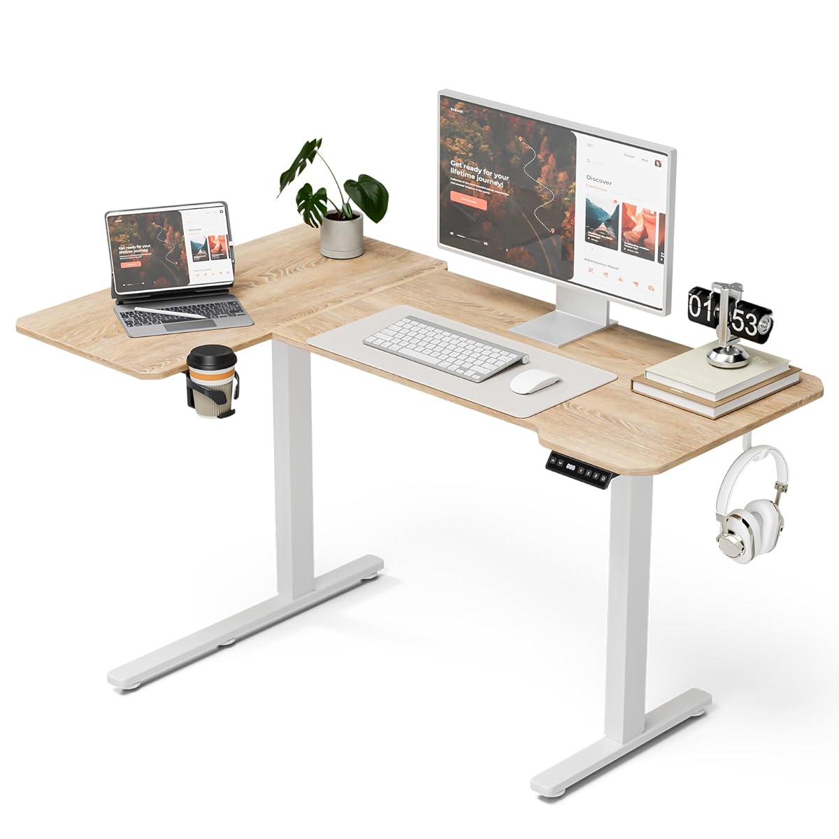 L Shaped Electric Standing Desk - 51x31.5 Inch Reversible Corner Sit Stand Desk with Hook&Cup Holder,Electric Height Adjustable Table,for Small Home Office&Bedroom Computer Desk, Oak