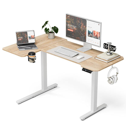 L Shaped Electric Standing Desk - 51x31.5 Inch Reversible Corner Sit Stand Desk with Hook&Cup Holder,Electric Height Adjustable Table,for Small Home Office&Bedroom Computer Desk, Oak