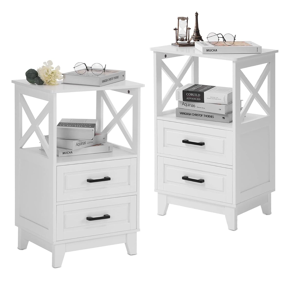 White Nightstand with 2 Storage Drawers Cabinet, Tall End Table with Wooden X-Design for Bedroom,Living Room, White