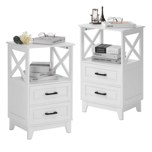 White nightstand with 2 storage drawers and wooden X design