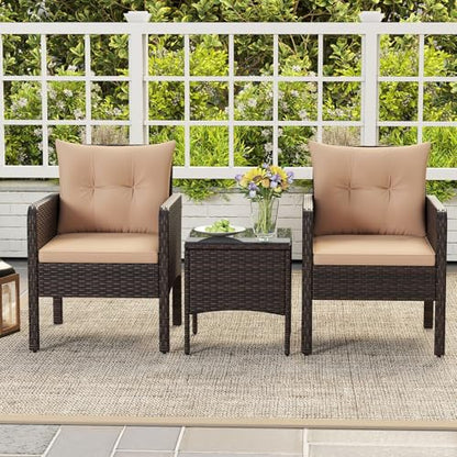 3 Pieces Patio Furniture Set, Outdoor Rattan Wicker Conversation Set with Coffee Table & Cushions, Patio Sofa Set for Garden Balcony Backyard Poolside