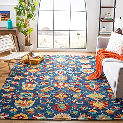 SAFAVIEH Aspen Collection Area Rug - 7' Square, Navy & Red, Handmade Boho Floral Wool, Ideal for High Traffic Areas in Living Room, Bedroom (APN510N)