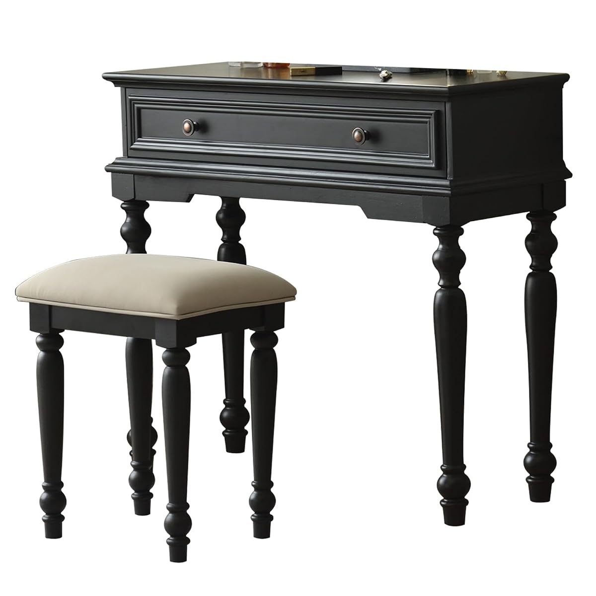 American Style Dressing Table and Chair Set Small Apartment with Drawers for Girls Women(Black)