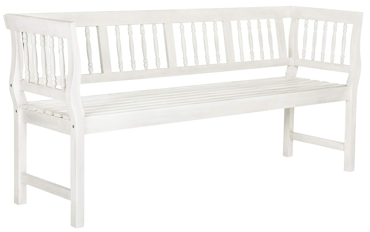 SAFAVIEH Outdoor Patio Furniture Collection – Brentwood Antique White Distressed Acacia Wood Bench with Silver Accents, Classic Outdoor Seating for Porch or Garden (PAT6732C)