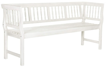 SAFAVIEH Outdoor Patio Furniture Collection – Brentwood Antique White Distressed Acacia Wood Bench with Silver Accents, Classic Outdoor Seating for Porch or Garden (PAT6732C)