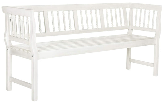 SAFAVIEH Outdoor Patio Furniture Collection – Brentwood Antique White Distressed Acacia Wood Bench with Silver Accents, Classic Outdoor Seating for Porch or Garden (PAT6732C)