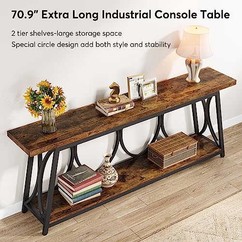 Tribesigns 70.9 inch Extra Long Console Table, Industrial Sofa Table Behind Couch with 2 Tier Storage Shelf, Narrow Entryway Hallway Accent Table for Living Room, Rustic Brown