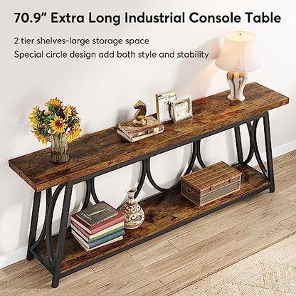 Tribesigns 70.9 inch Extra Long Console Table, Industrial Sofa Table Behind Couch with 2 Tier Storage Shelf, Narrow Entryway Hallway Accent Table for Living Room, Rustic Brown