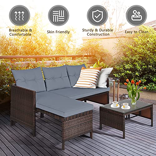 3 Pieces Patio Furniture Set, Sectional Rattan Wicker Sofa Set with Steel Frame & Seat Cushion, Outdoor Conversation Set for Garden Lawn Pool Backyard