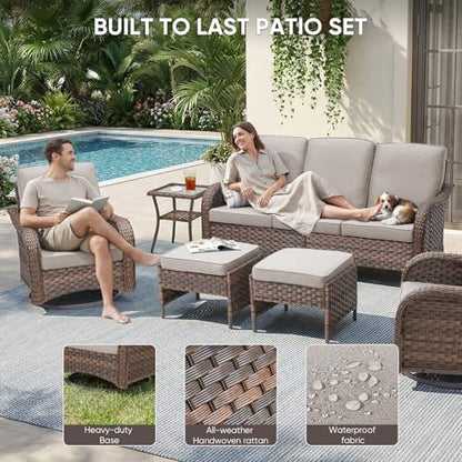 Patio Furniture Set - 5 Pieces All Weather Wicker Outdoor Couch Sofa 2 Swivel Chairs and 2 Ottomans, Ergonomic Design for Porch, Deck, Balcony, Garden, and Backyard(Beige)