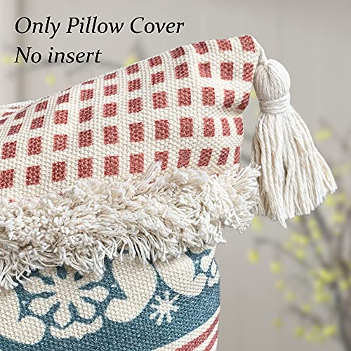 Lumber Boho Throw Pillow Cover for Couch Sofa - Cotton Hand-Woven Tufted Moroccan Decorative Pillows Cover with Tassels for Farmhouse Living Room Bedroom Car Hotel - Blue 12 x 20 Inches