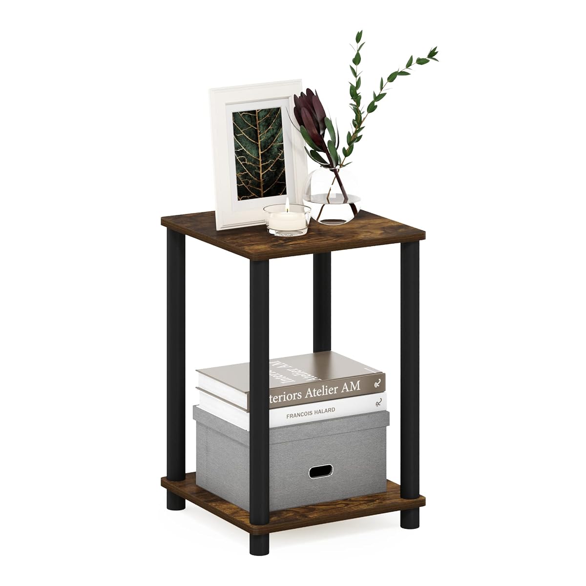 TURN-N-TUBE Side Table, 2-Tier Modern Square End Table with Open Shelf, Toolless Night Stand, Bedside Table, for Living Room, Bedroom, Amber Pine