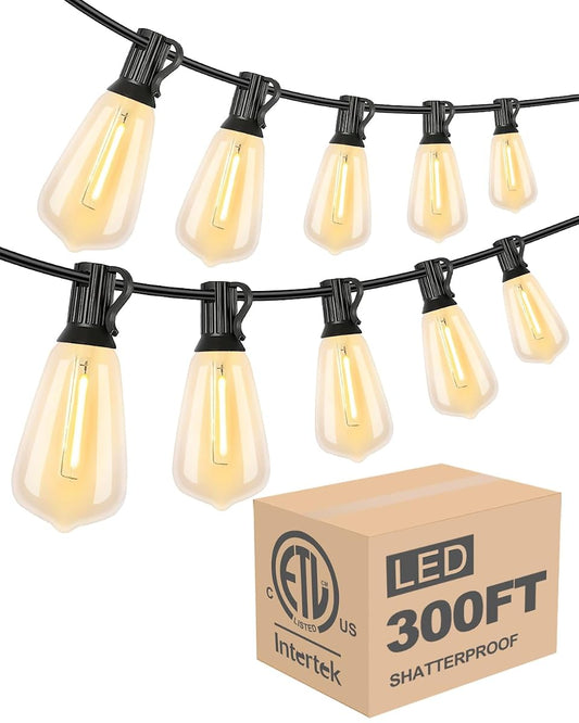 300FT Outdoor String Lights, LED Bistro String Lights with Shatterproof ST38 Vintage Bulbs, 2200K Dimmable, Waterproof Hanging Lights for Porch, Deck, Garden, Backyard, Balcony - ETL Listed