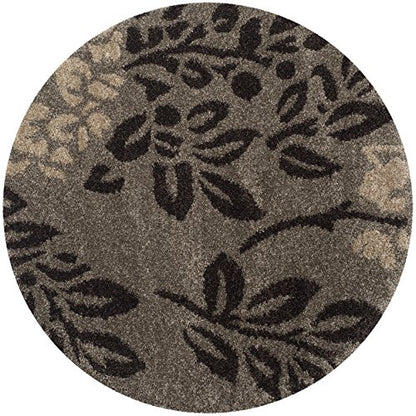 SAFAVIEH Florida Shag Collection Area Rug - 4' Round, Smoke & Dark Brown, Floral Design, Non-Shedding & Easy Care, 1.2-inch Thick Ideal for High Traffic Areas in Living Room, Bedroom (SG456-7928)