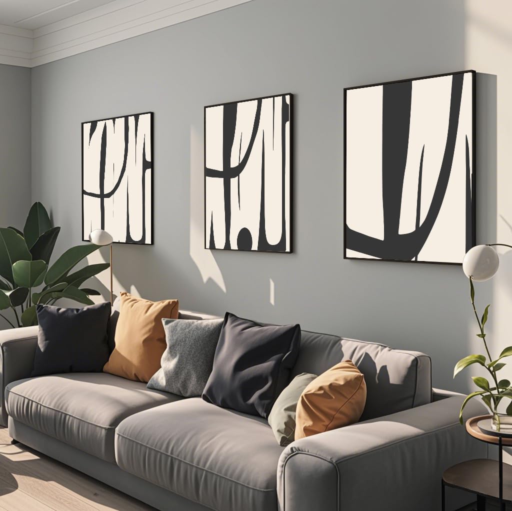 VARUFLY Black and White Abstract Wall Art for Living Room, Framed Canvas Pictures Wall Decor, Set of 3 Piece Modern Minimalist Art Work Painting for Home Office Guest Room 16“X 24”