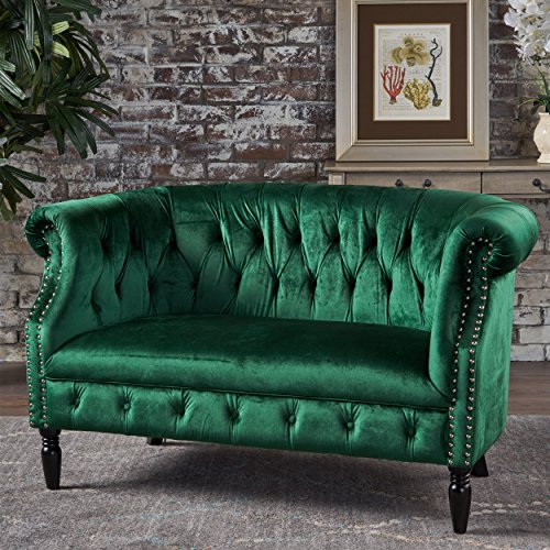 Melaina Tufted Chesterfield Velvet Loveseat with Scrolled Arms, Emerald and Dark Brown.