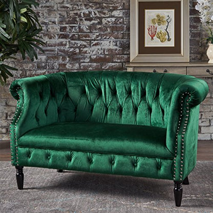 Melaina Tufted Chesterfield Velvet Loveseat with Scrolled Arms, Emerald and Dark Brown.