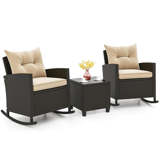 3 Piece Patio Furniture Rocking Bistro Set, Wicker Outdoor Rocking Chairs & Glass Table, PE Rattan Conversation Set for Porch, Balcony, Deck, Poolside (Mix Brown- Beige)