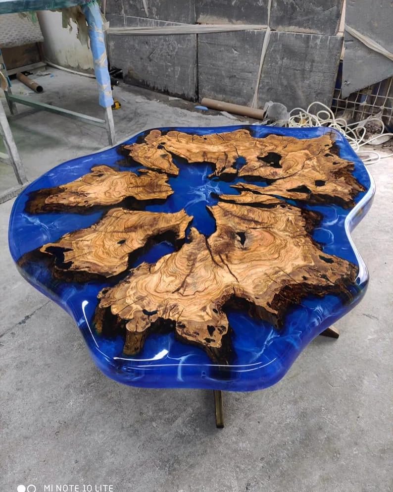Customized Resin Epoxy Round Table Top, Blue Ocean River Look, Coffee Table Design, Resin Table, Luxury Decor Table, Walnut Table, Wooden Resin Table, (Without Stand, 46 x 46 Inches)