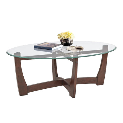 48" Oval Glass Coffee Table with Tempered Glass Top Cross and Solid Wood Base Simple & Modern Center Table for Living Room Office Apartment Cherry