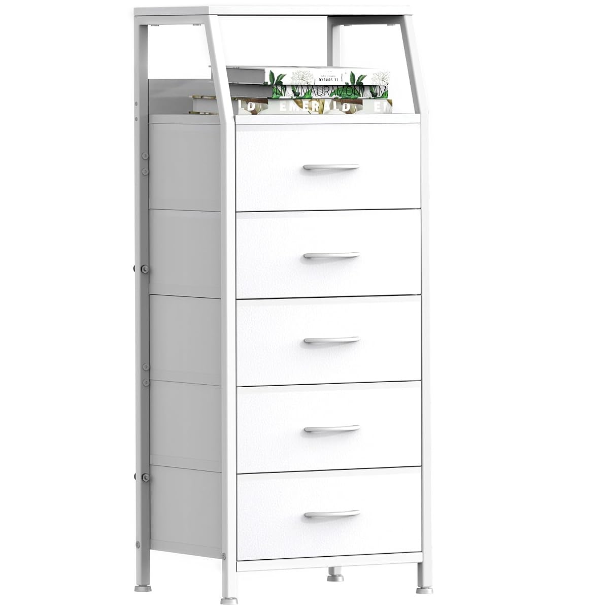 5 Drawers White Tall Fabric Dresser for Bedroom, Dorm Nightstand