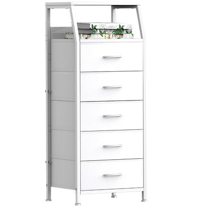 5 Drawers White Tall Fabric Dresser for Bedroom, Dorm Nightstand