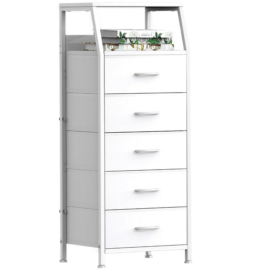 5 Drawers White Tall Fabric Dresser for Bedroom, Dorm Nightstand