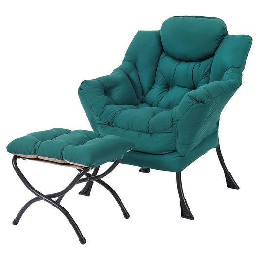 Lazy Chair with Folding Ottoman, Modern Accent Armchair with Armrests and a Side Pocket & Foldable Footstool, Reading Chair for Living Room, Bedroom, Dorm & Office, Dark Green