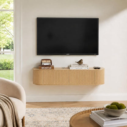 55" Fluted Floating TV Stand, Wall-Mounted Media Console (Natural)