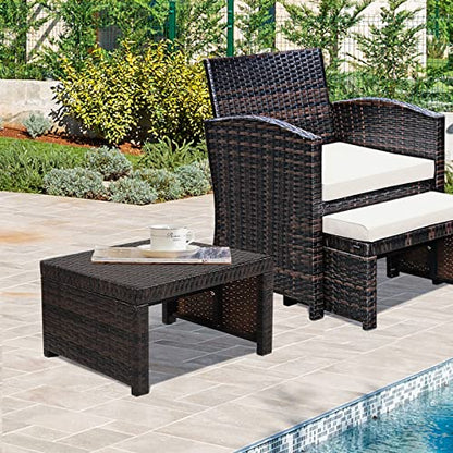 2 Piece Outdoor Wicker Ottomans, Patio Rattan Footstool with Cushions, Solid Steel Frame, Multifunctional Ottomans for Poolside Backyard Balcony