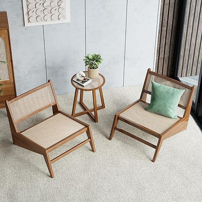 Mid Century Modern Chair Japandi Walnut Rattan and Wood Lounge Chairs Armless Accent Chair for Living Room Bedroom Balcony & Patio