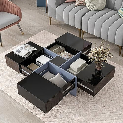 ON-TREND Unique Design Coffee Table with 4 Hidden Storage Compartments, Square Cocktail Table with Extendable Sliding Tabletop, UV High-gloss Design Center Table for Living Room, 31.5"x 31.5"