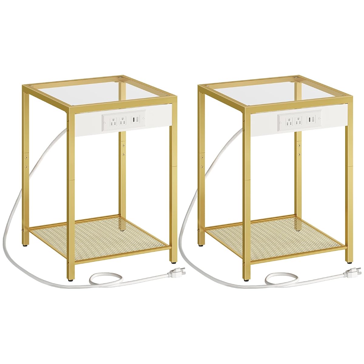 Side Table with Charging Station, Set of 2 End Tables with USB Port, Nightstand for Tight Spaces, Tempered Glass, Modern Metal Frame, for Office, Bedroom, Living Room, Gold GD76UBZP201