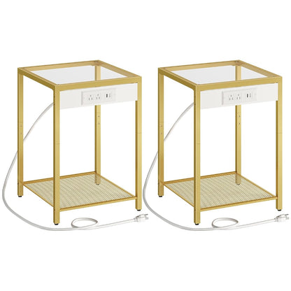 Side Table with Charging Station, Set of 2 End Tables with USB Port, Nightstand for Tight Spaces, Tempered Glass, Modern Metal Frame, for Office, Bedroom, Living Room, Gold GD76UBZP201