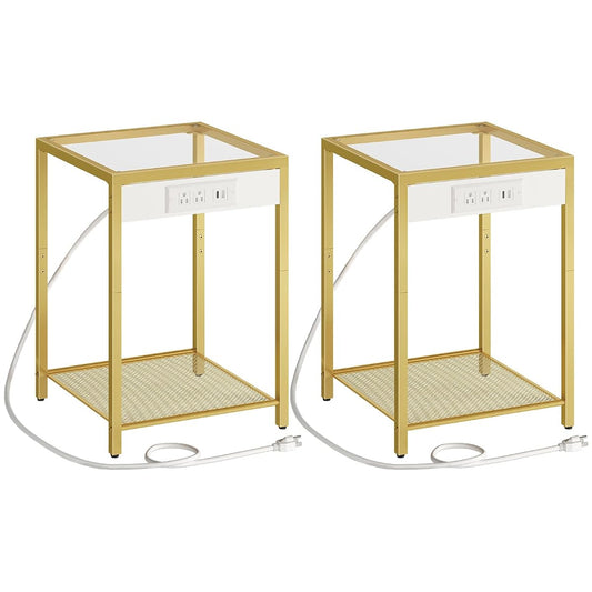 Side Table with Charging Station, Set of 2 End Tables with USB Port, Nightstand for Tight Spaces, Tempered Glass, Modern Metal Frame, for Office, Bedroom, Living Room, Gold GD76UBZP201