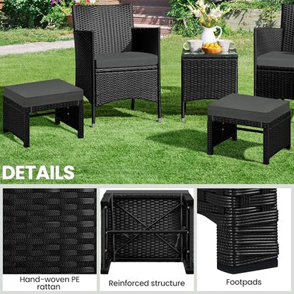 Yaheetech Wicker Ottomans, 2 Footrest with Removable Cushion, Black/Gray | 2pcs PE Rattan Side Table Additional Seating Multipurpose Outdoor Furniture for Patio, Backyard