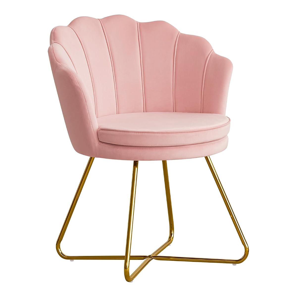 Pink Vanity Chair with Back, Velvet Shell Accent Chairs for Living Room Bedroom, Criss Cross Chair with Gold Legs no Wheels, Seat for Make up