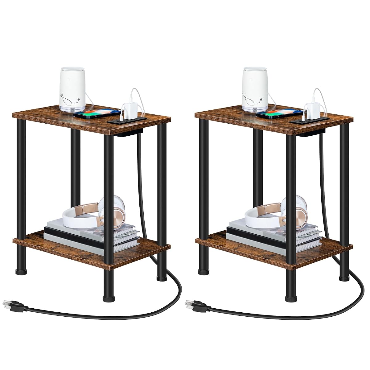 Side Table with Charging Station, Set of 2 End Tables with USB Port and Outlets, Nightstand with 2-Layer Storage Shelves for Small Spaces, Living Room, Bedroom, Rustic Brown BF09UBZP201