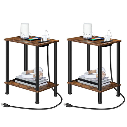 Side Table with Charging Station, Set of 2 End Tables with USB Port and Outlets, Nightstand with 2-Layer Storage Shelves for Small Spaces, Living Room, Bedroom, Rustic Brown BF09UBZP201