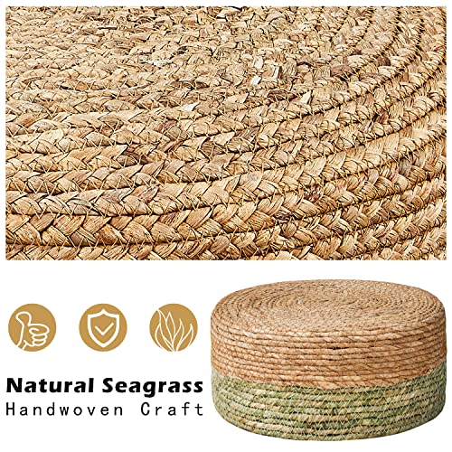 Ottoman Natural Seagrass Footrest Poufs Hand Weave Round Foot Stool for Couch Desk Soft Step Stool Padded Foot Rest with Pine Legs for Living Room Bedroom Natural/Green