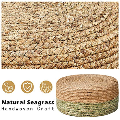Ottoman Natural Seagrass Footrest Poufs Hand Weave Round Foot Stool for Couch Desk Soft Step Stool Padded Foot Rest with Pine Legs for Living Room Bedroom Natural/Green