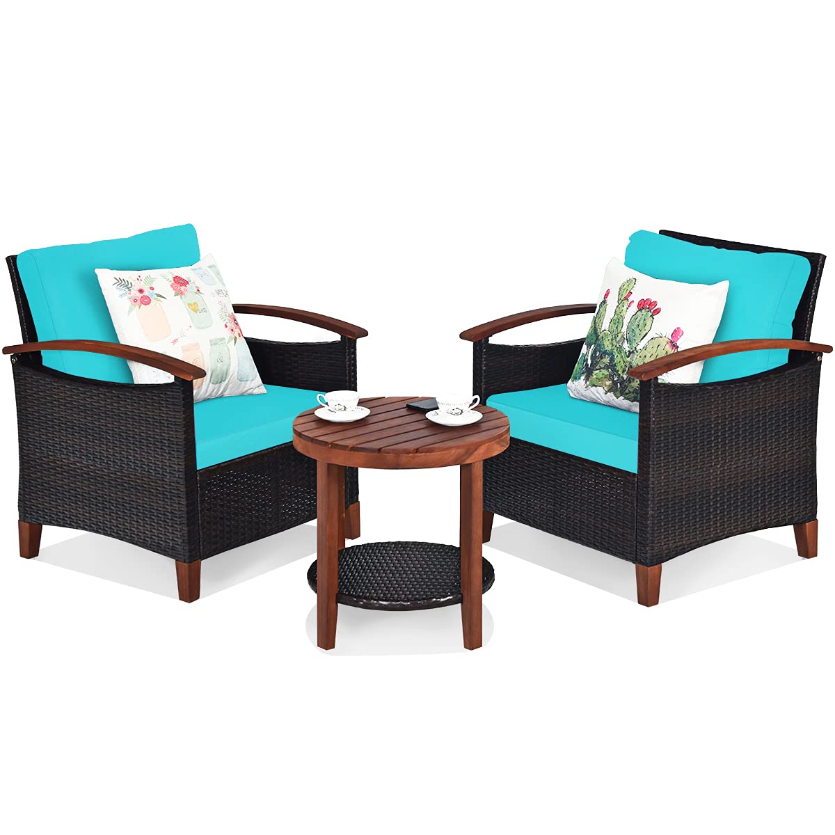 3 Pieces Patio Furniture Set, Outdoor Rattan Sofa and Side Table w/Solid Acacia Wood Frame, High Load Bearing Conversation Bistro Set w/Washable and Removable Cushions (Turquoise)