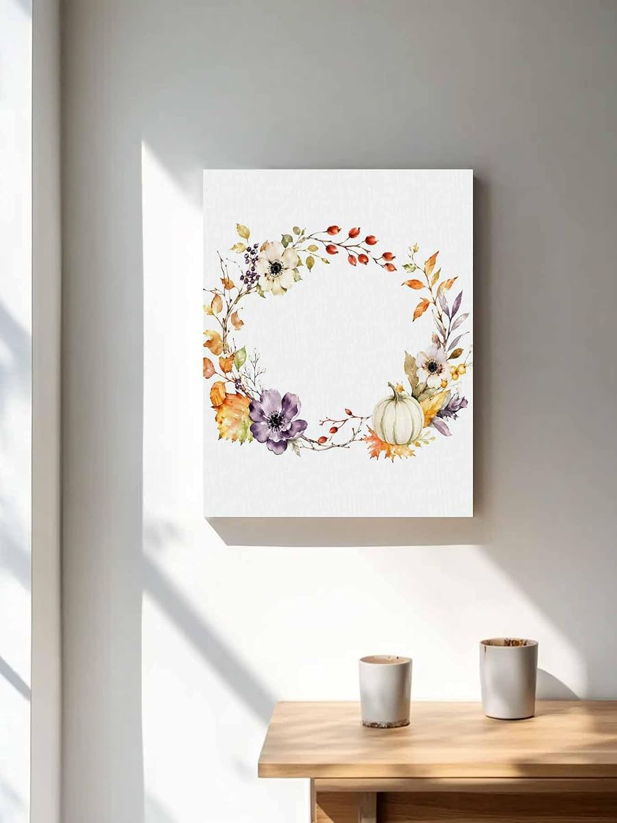NuYeBiofx Autumn Pumpkin Flower Leaf Canvas Wall Art Prints,48"x32" Framed Picture Artwork Thanksgiving Plant Wreath Printed Canvas Oil Painting for Living Room Bedroom Office,Ready to Hang