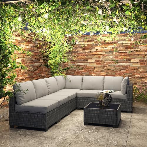 7 Piece Outdoor Patio Furniture Set, PE Rattan Conversation Sofa Set, Wicker Patio Set w/Thick Cushions & Glass Top Coffee Table, All-Weather Outside Furniture for Garden, Balcony, Porch(Grey)