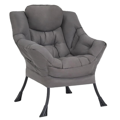 Dark Grey Single Lazy Chair for Living Room, Modern Reading Accent Chair with Armrests and a Side Pocket, Leisure Lazy Sofa Chair for Small Space, Bedroom, Dorm