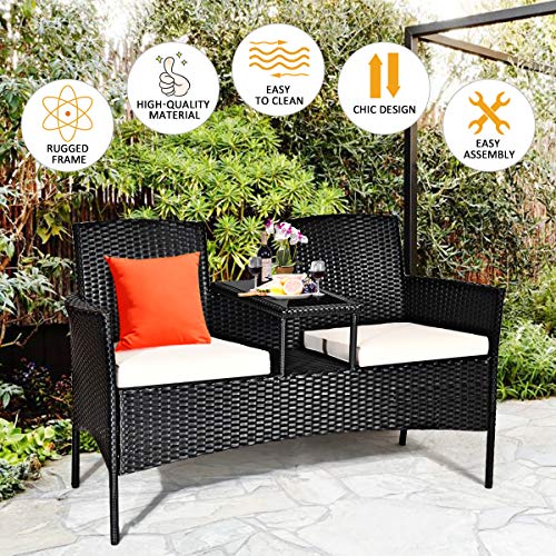 Wicker Patio Conversation Furniture Set, Outdoor Furniture Set with Removable Cushions & Table, Tempered Glass Top, Modern Rattan Bench for Garden Lawn Backyard (White)
