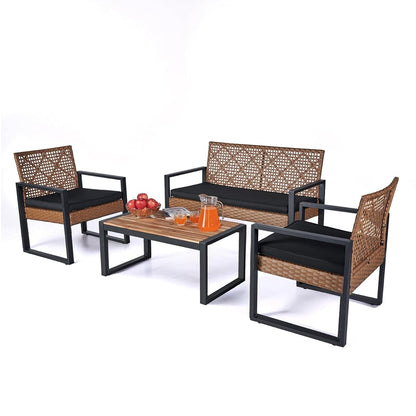 Wicker Patio Furniture Outdoor Conversation Set of 4, Rattan Outdoor Furniture Set, Acacia Wood Table, 2 Chairs, 1 Loveseat, 2” Cushions, All Weather Set for Patio, Porch, Balcony (Brown)