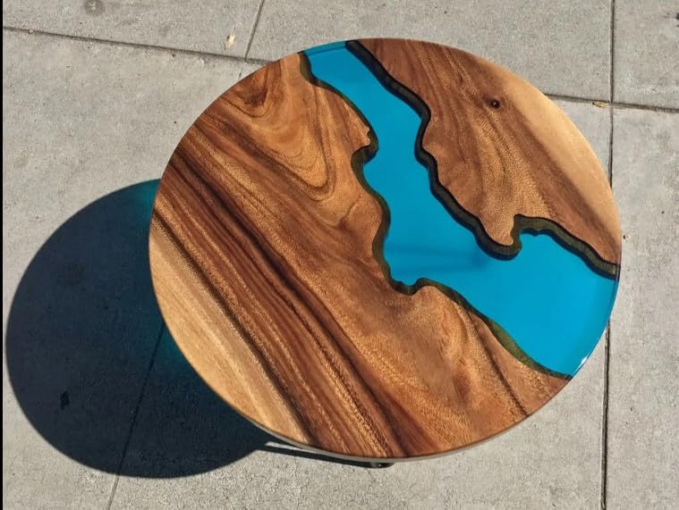 Customized Resin Round Table Top, Blue Ocean River Epoxy Resin, Coffee Table Design, Resin Table, Luxury Decor Table, Walnut Table, Wooden Resin Table (Without Stand, 18 x 18 Inches)