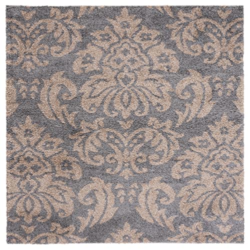 SAFAVIEH Florida Shag Collection Area Rug - 4' Square, Grey & Beige, Damask Design, Non-Shedding & Easy Care, 1.2-inch Thick Ideal for High Traffic Areas in Living Room, Bedroom (SG460-8013)